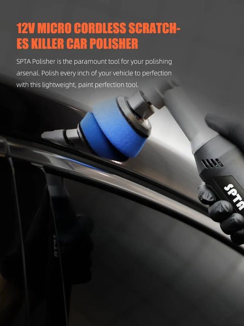 Cordless Mini Car Polisher 12V Micro Random Orbital Buffer For Polishing Sanding And Cleaning Your Vehicle Lightweight Scratch Killer For A Flawless Paint Finish shown in close-up view on vehicle surface.