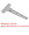 Single T-shaped marine-grade stainless steel hinge with dimensions, ideal for cabinets, gates, and outdoor use.