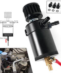 Universal Billet Aluminum Oil Catch Can Kit with 2 Port Breather Filter and Separator, compact fit for tight engine bays.