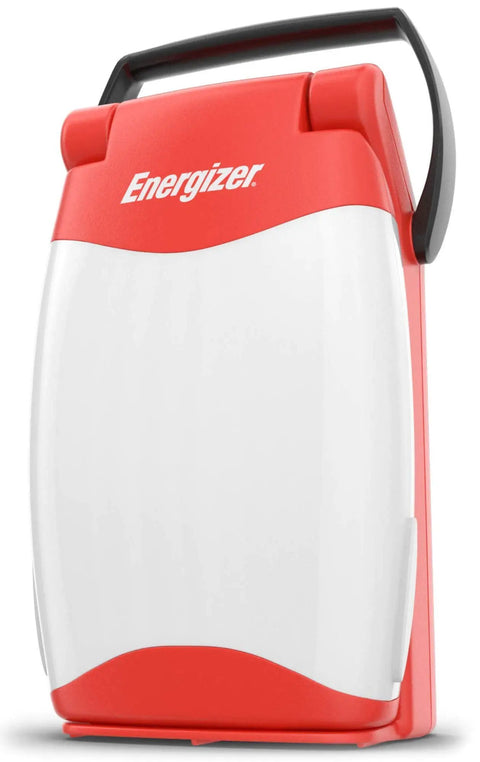 Red and white all weather LED camping lantern with IPX4 water resistance, bright durable emergency light for power outages.