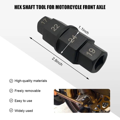 Beefy Heavy Duty Motorcycle Front Axle Tool Kit With 17 19 22 24mm Hex Adapters, shown with size dimensions and use example.