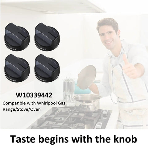 Replacement Black Gas Stove Knobs For Cooktop Surface Burners Durable ABS Build Fits Whirlpool Range Stove Oven Replaces WPW10339442 PS11753188 4 Pack Easy To Install shown with man cooking on range