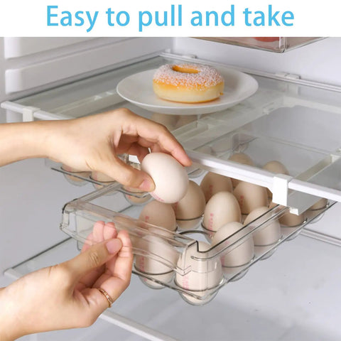 Fridge Egg Holder Drawer Organizer For Easy Egg Storage In Your Refrigerator And Mini Fridge Pull Out Tray Fits Shelves Under 0.6 Inches Keeps Eggs Fresh And Doubles As A Small Fruit And Veggie Keeper being pulled out by hand.