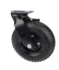 Built Like A Tank Eight Inch Pneumatic Rubber Caster With Rock Solid Side Brake For Smooth Rolling Hotel Luggage Cart Replacement. Close-up view.