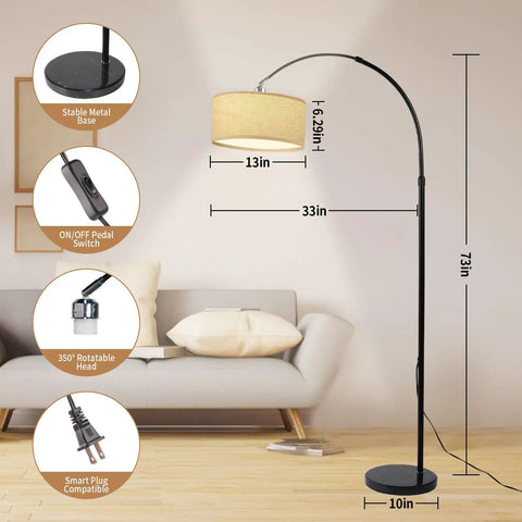 Arc Floor Lamp With Remote Control for Living Room and Bedroom, stepless dimmable 9W LED, adjustable gooseneck, 73in tall design