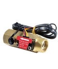 Beefy Brass Water Flow Sensor With Hall Effect, one half inch BSPT female to male thread, 1-25 L per min flow range, 66 mm long
