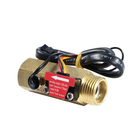 Beefy Brass Water Flow Sensor With Hall Effect, one half inch BSPT female to male thread, 1-25 L per min flow range, 66 mm long