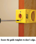Pro Level Carbon Steel Lock Installation Kit With Adjustable Guide Template For Wood Doors showing a yellow guide template being secured to a door edge.