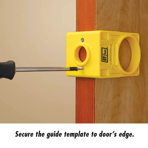 Pro Level Carbon Steel Lock Installation Kit With Adjustable Guide Template For Wood Doors showing a yellow guide template being secured to a door edge.