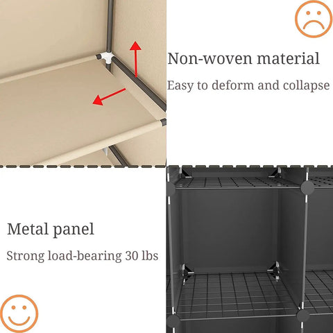 Comparison showing non-woven material versus heavy-duty metal panel in Portable 25-Cube Storage Organizer With 14x14 Inch Cubes