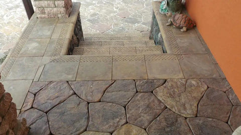 Stone steps and paving created with Six Piece Concrete Molds Set For Flagstone Pavement Stones DIY Kit ABS Plastic Molds For Garden Walkways
