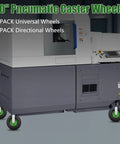 Heavy Duty 10 Inch Pneumatic Caster Wheels With Killer Knobby Tread, Four Piece Kit Including Two Swivel And Two Rigid Casters, Massive 661 Pound Weight Rating For Utility Carts And Tool Chests, Moves Like Butter on a gray utility cart.