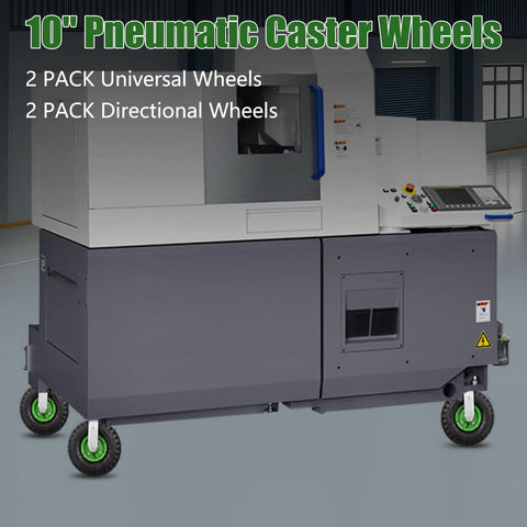 Heavy Duty 10 Inch Pneumatic Caster Wheels With Killer Knobby Tread, Four Piece Kit Including Two Swivel And Two Rigid Casters, Massive 661 Pound Weight Rating For Utility Carts And Tool Chests, Moves Like Butter on a gray utility cart.