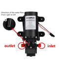 12V DC Water Pump For RV And Boat, 1.2 GPM Diaphragm Pump, self priming up to 4 feet, showing outlet and inlet arrangement