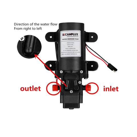 12V DC Water Pump For RV And Boat, 1.2 GPM Diaphragm Pump, self priming up to 4 feet, showing outlet and inlet arrangement