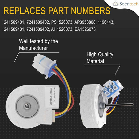 Plug And Play Evaporator Fan Motor For Frigidaire Electrolux Refrigerators Exact Fit Replacement With Part Numbers 241509402 241509401 PS1526073 AP3958808 7241509402 AH1526073 EA1526073 shown with wiring and components