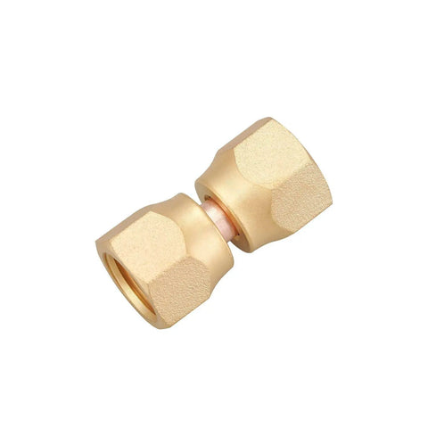 Two Pack Brass 1/4 Inch Female Flare Swivel Adapter Kit For Plumbing, Must Have Swivel Nut Flare Tube Fitting Valve Connector, Durable Solid Brass, Leak Proof, Easy Install, High Pressure Compatible, one brass adapter shown on white background