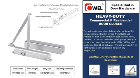 Beefed Up Commercial Automatic Door Closer With Cast Aluminum Body And Steel Arm, UL Listed, ANSI Certified, shown in specs.