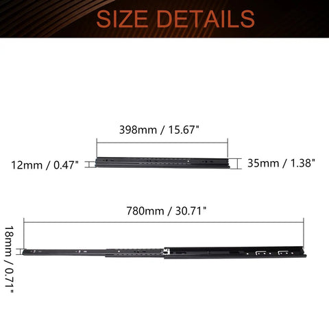 Dimensions of 16 Inch Cold Rolled Steel Drawer Slides With Full Extension Ball Bearing Track For Cabinets And Tool Chests 100 Lb Capacity