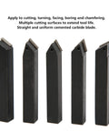 Indexable turning tool inserts, set of five black 3/8in cemented carbide blades with silver cutting edges, front view.