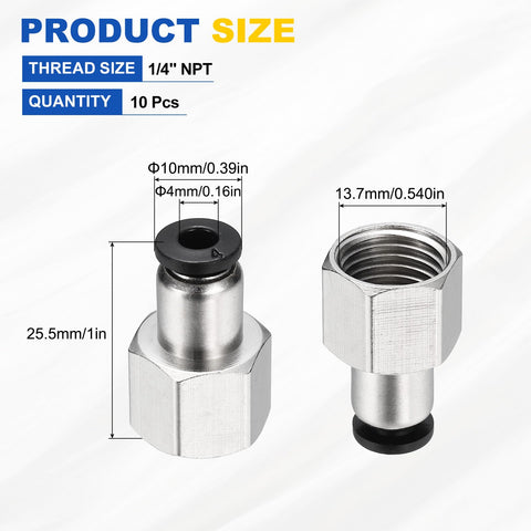 Push To Connect Fittings 10 Pack 1/4 NPT Female, 0.16 Inch Tube OD, Nickel Plated Brass Straight Pneumatic Adapters with size