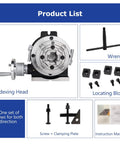 Built Tough Universal Indexing Head For Rotary Table With Four Jaw Chuck And 90 To 1 Worm Gear Vertical Horizontal Milling Rig 12 Inch Precision Shop Essentials product list, includes wrench and clamping tools.