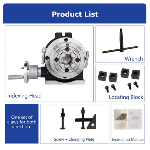Built Tough Universal Indexing Head For Rotary Table With Four Jaw Chuck And 90 To 1 Worm Gear Vertical Horizontal Milling Rig 12 Inch Precision Shop Essentials product list, includes wrench and clamping tools.