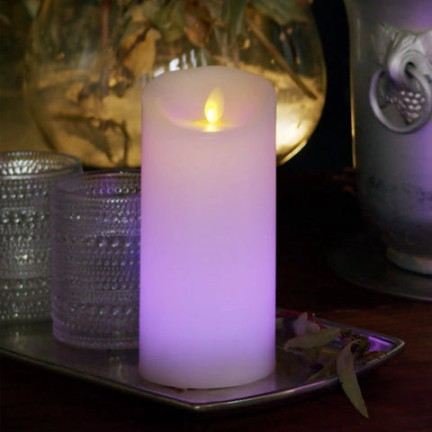 Flameless Color Changing LED Candle Pillar 3 By 6.5 Inches With Real Wax Moving Flame, Battery Operated, Warm White Glow on table