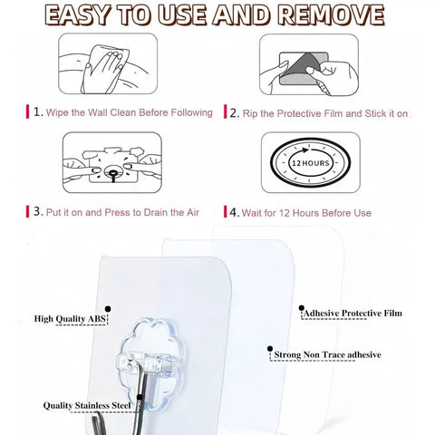 Installation steps for 100 Pack Heavy Duty Self Adhesive Hooks 50 Lbs Transparent Reusable Sticky Wall Hooks for Kitchen Towel Bathroom Shower Office and Outdoor Use Waterproof No Damage.