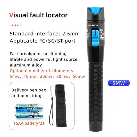 Front view: fiber optic tools kit with visual fault locator; black textured handle, blue switch, includes carry bag