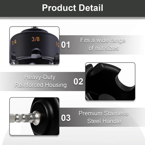 Pro Shop Nut Spinner Drill Attachment For Swift Bolt Extraction And Threaded Rod Removal Handles 1/4 3/8 And 1/2 Inch Sizes fits a wide range of nut sizes.