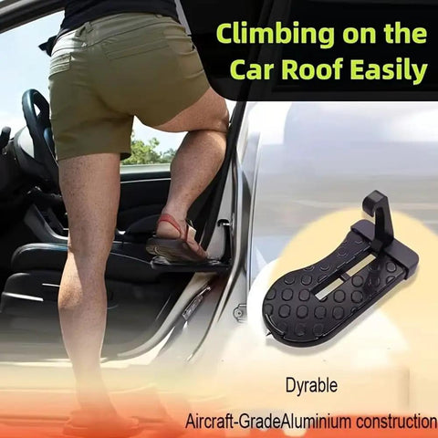 Beefed Up Aircraft Grade Aluminum Door Step For Tesla Cybertruck Roof Rack Cargo Gear Haul with person climbing in.