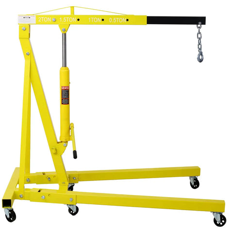 Badass Folding Engine Hoist Cherry Picker Shop Crane With 2 Ton Lift Capacity, yellow steel frame and hydraulic pump for garage use.