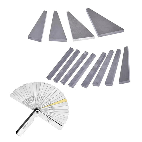 Front view of a 12-piece metal angle gauge block set with triangular and rectangular blocks plus folding feeler gauge.