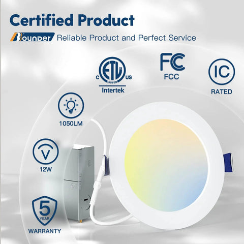 20 Pack 6 Inch Ultra Thin LED Recessed Ceiling Lights with Junction Box, 5 CCT Selectable, 12W, 1050 Lumens, ETL and FCC Certified Display