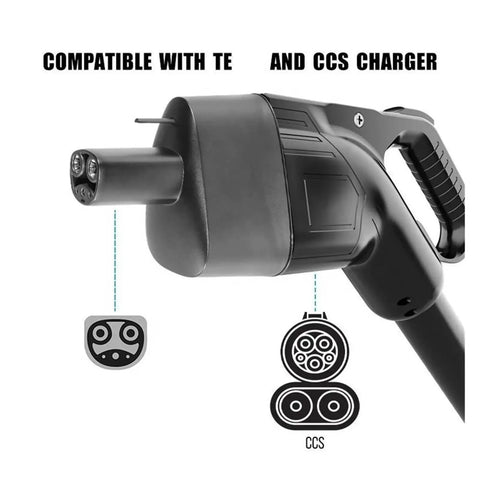 Heavy Duty Ev Charging Adapter For Tesla Model 3 Y S X CCS1 Combo DC To AC Power Converter close-up of charging gun connection.