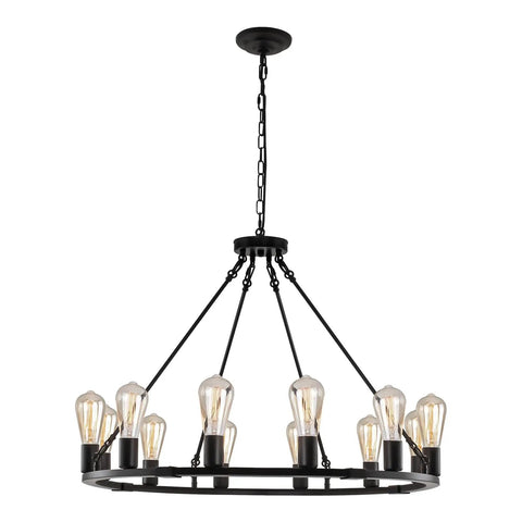 12 Light Black Wagon Wheel Chandelier For Dining Rooms And Kitchen Islands Dimmable Cozy Rustic Farmhouse Pendant Lighting With 12 E26 Sockets Ideal For High Ceilings Foyer Living Room And Porch