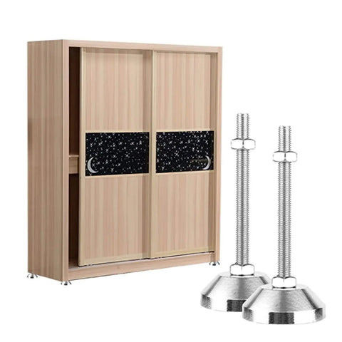 Badass Grip Heavy Duty Adjustable Leveling Feet next to a sliding door cabinet, featuring thickened steel base for support.