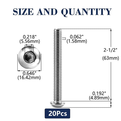 3/8-16 X 2-1/2 Inch Button Head Socket Cap Bolts 20 Pcs Set Built From Beefy 304 Stainless Steel With Allen Hex Drive Bright Finish and measurements.