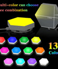 Hexagon LED Wall Light Kit 6 Pack With Modular Touch And Remote Control, size 3.54in, 13 color options displayed