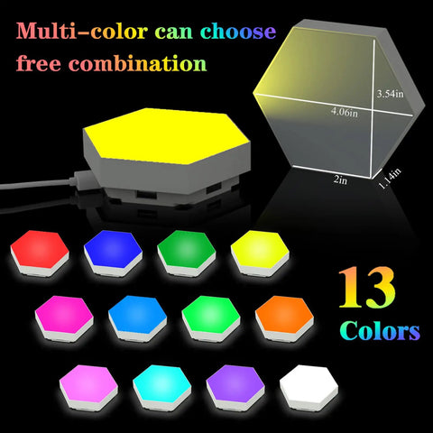 Hexagon LED Wall Light Kit 6 Pack With Modular Touch And Remote Control, size 3.54in, 13 color options displayed