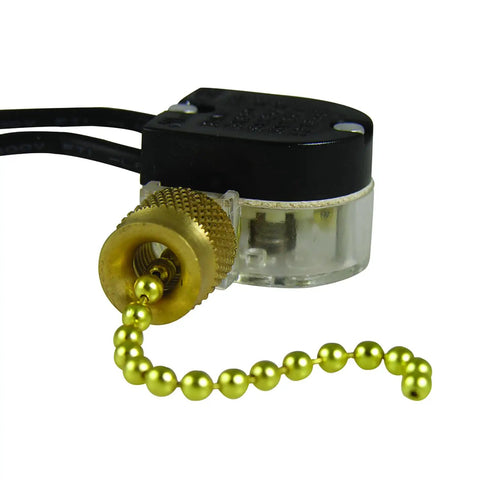 Pull Chain SPST On Off Switch For Fans And Appliances 6 Amp At 125 Volt AC Brass Terminal close-up with wire leads and brass chain