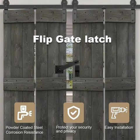 Barn Door Lock Hardware Heavy Duty Metal Gate Latch 3 Pack on wooden doors, featuring a flip gate latch and rustic design.