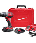 Beefy Compact Cordless Hammer Drill And Driver Kit With Half Inch Chuck And Frameless Motor, includes charger, battery, and rugged case.