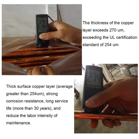Close-up of thickness gauge measuring copper layer on 10 Pack Dope 8ft Five Eighth Inch Copper Bonded Ground Rods UL Listed Industrial Grade Earthing Electrodes For Signal Towers Fences Lightning Protection Bonding NEC Compliant Grounding