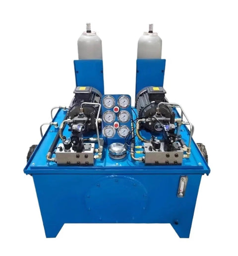 Shop Floor Tough Double Acting Hydraulic Power Pack With Electric Motor System For Crushing Heavy Loads And Reliable High Pressure Output On Any Job Site, featuring dual motors and gauges.