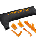 Table Saw Dust Bag Kit With 2.5 Inch Dust Port For 10 Inch Saws Includes Five Piece Push Block Set And Safety Sticks, Holds Down Push Blocks, Safe V Stick, And Straight Push Stick, Compatible With Bosch 4000 And Similar Saws shown with dust bag and safety tools.