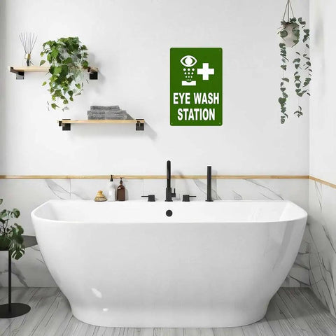 8x12 Inch Eye Wash Station Sign High Visibility Green Background With White Graphic Above Bathtub