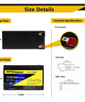 Diagram showing 12V 8Ah LiFePO4 Deep Cycle Battery With Built In 8A, size, views, and terminal specifications