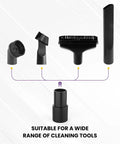 Universal Vacuum Hose Adapter Set 35mm To 32mm Reducer 1-3/8 Inch To 1-1/4 Inch Plastic Connector 2 Pack displayed with cleaning tools